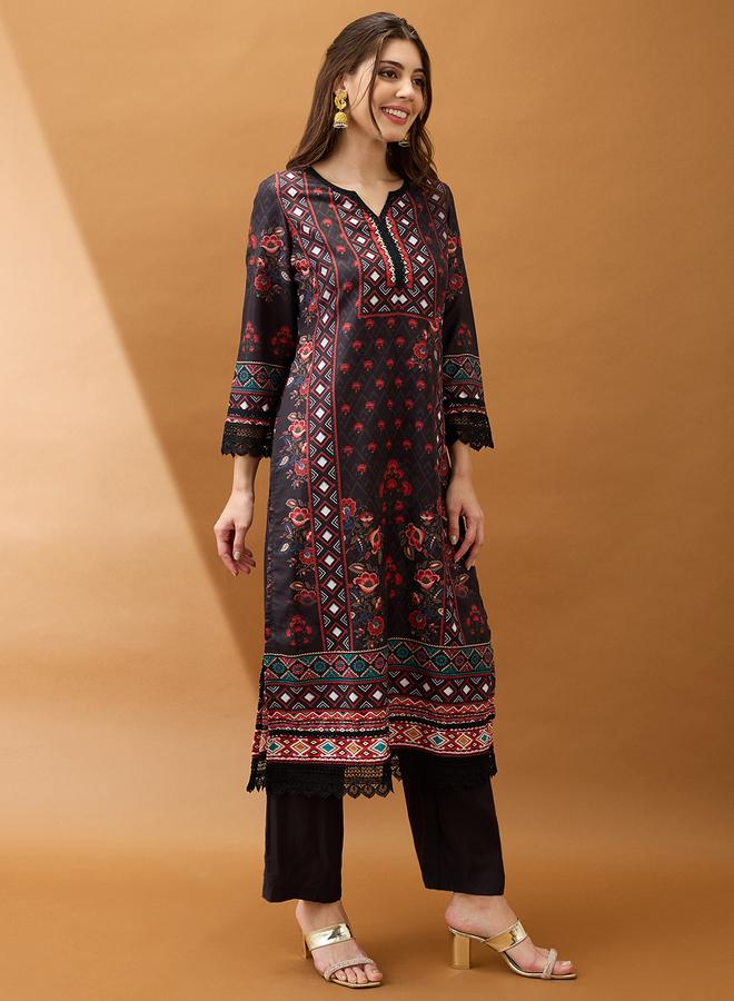 globus Women Black Floral Print Lace Insert Kurta with Pant Set - Image 1